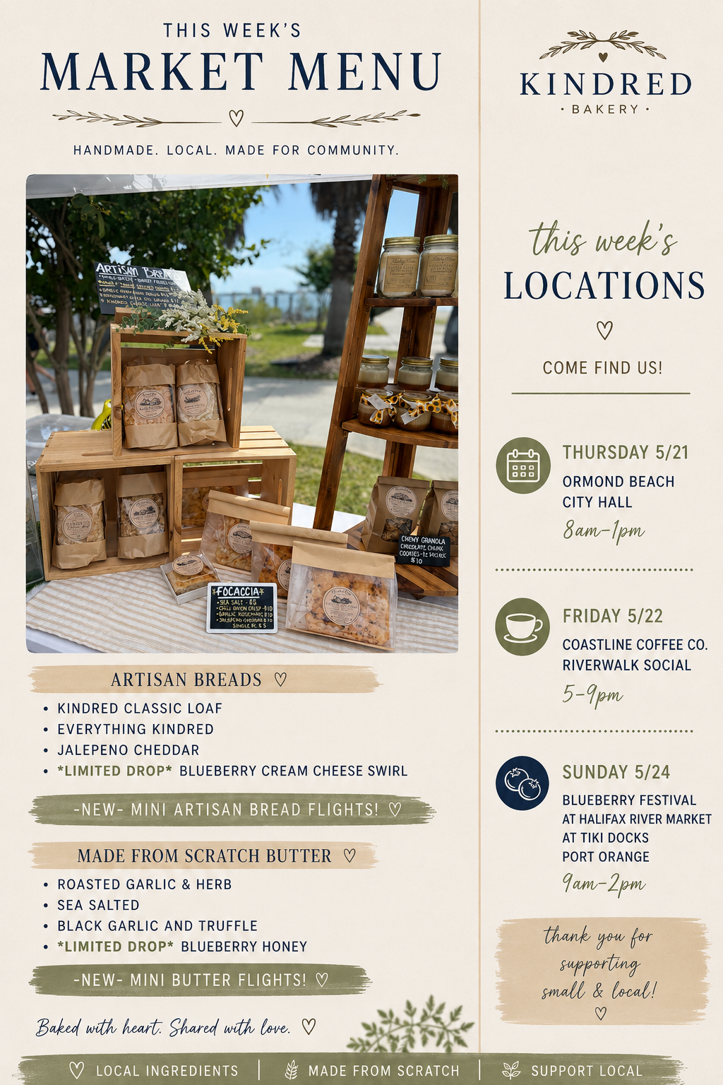 Kindred Roots Bakery this week's market menu featuring artisan breads and made from scratch butters