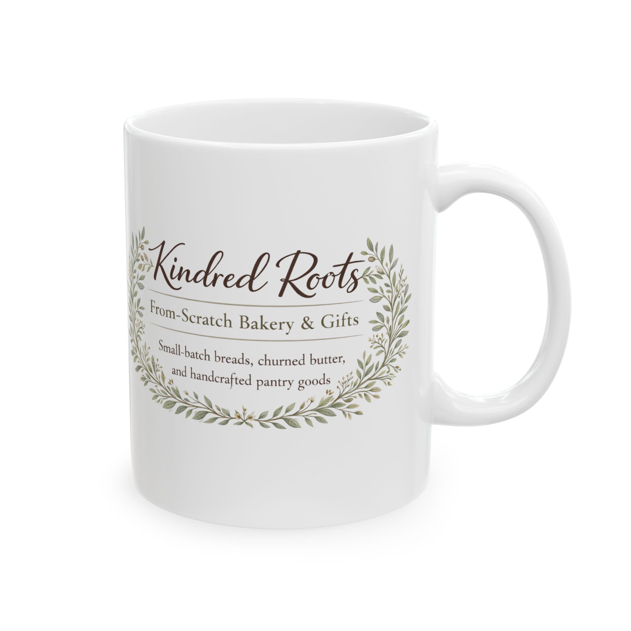 Kindred Roots Bakery Ceramic Mug — Rustic Farmhouse Coffee Cup (11oz & 15oz)