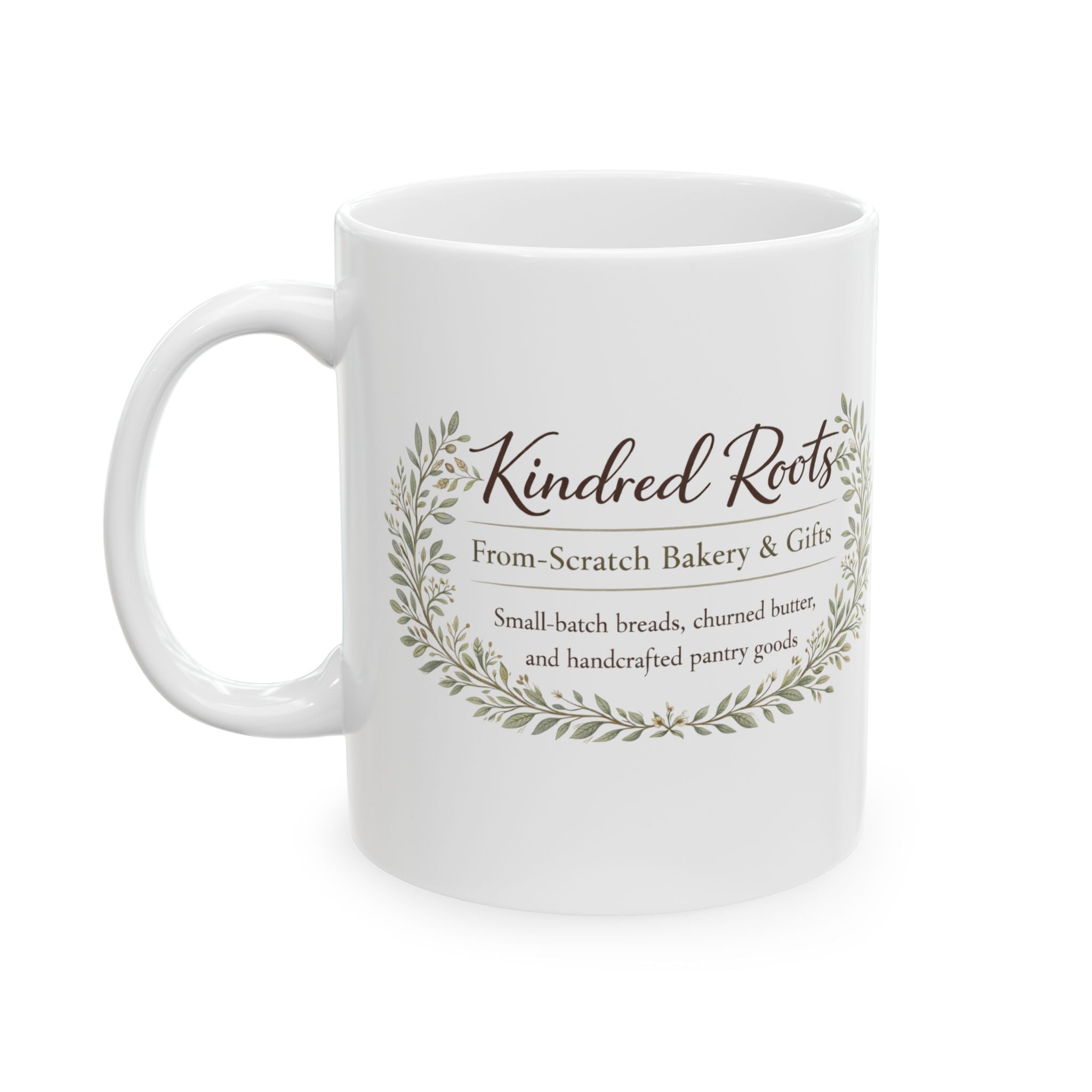 Kindred Roots Bakery Ceramic Mug — Rustic Farmhouse Coffee Cup (11oz & 15oz)